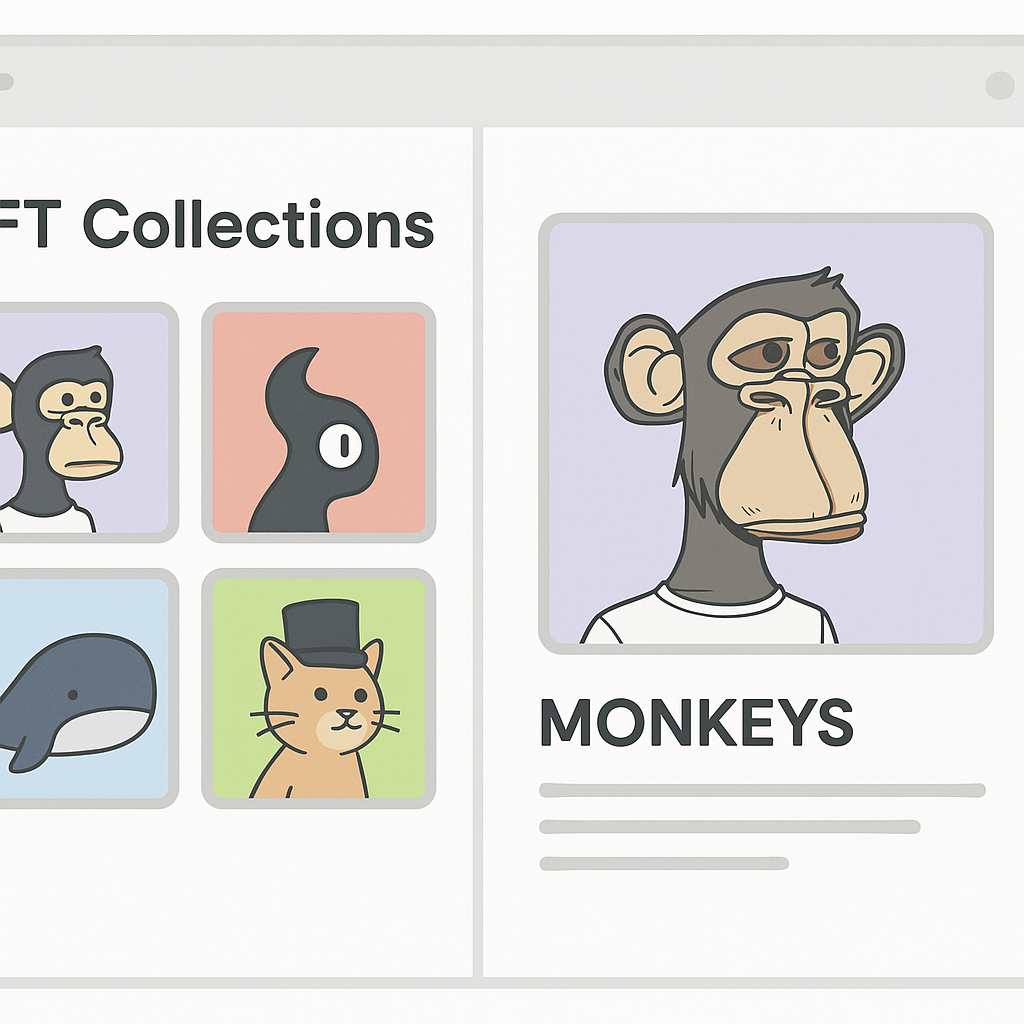 A web page displaying various digital art NFT collections, with one collection selected and detailed view open.