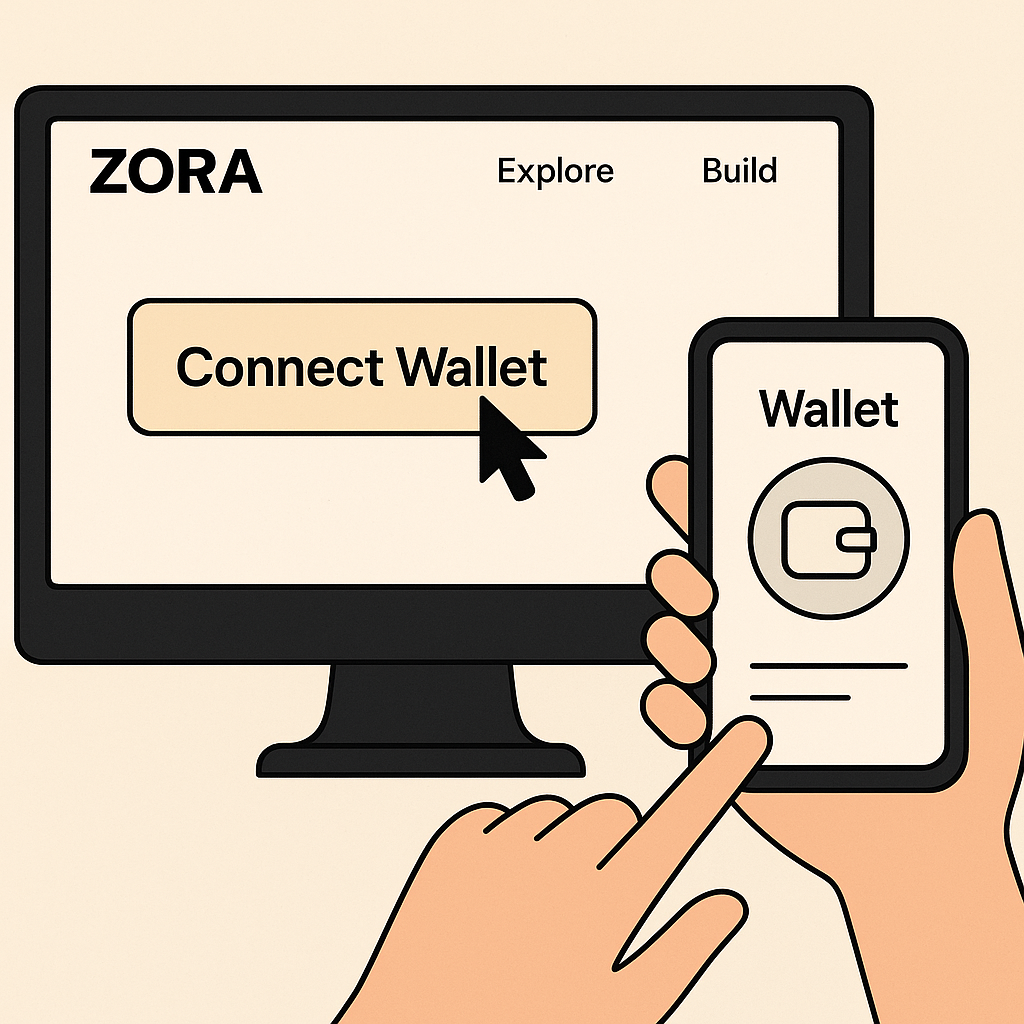 A computer screen displaying the Zora website with a 'Connect Wallet' button highlighted, and a hand holding a phone with a wallet app open.