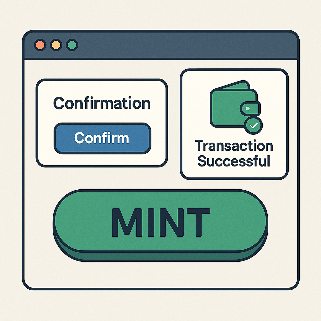 A close-up of a 'Mint' button on a website, with a confirmation pop-up and a digital wallet notification showing a successful transaction.