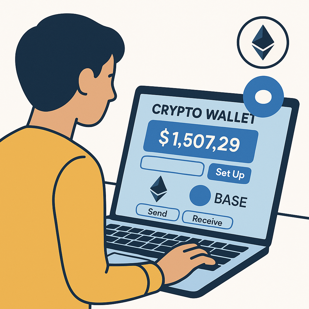 A person setting up a crypto wallet on their laptop, showing a digital wallet interface, with Ethereum and Base network logos visible.