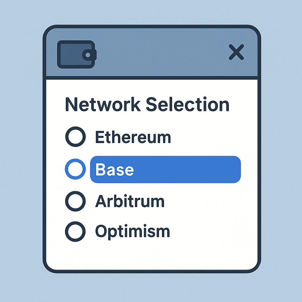 A digital wallet interface showing network selection, with the Base network highlighted among options.