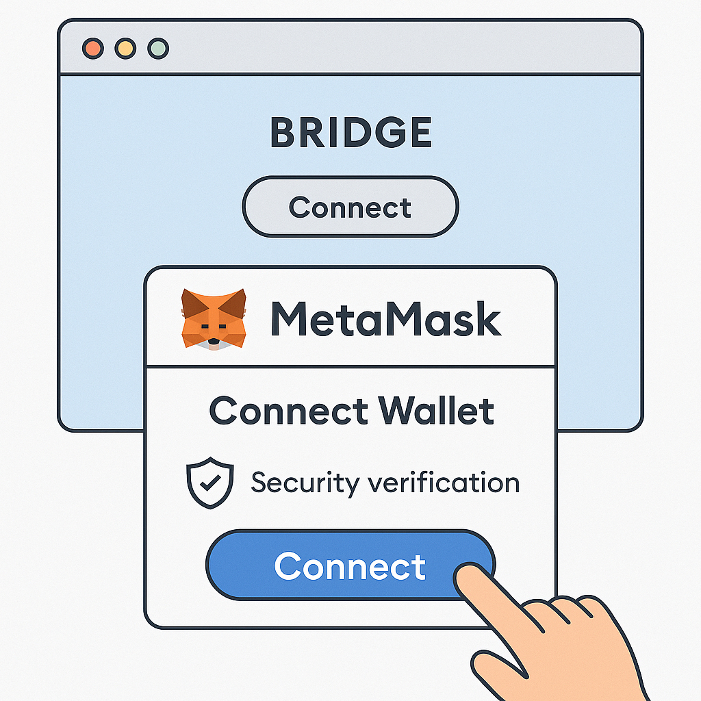A user connecting their MetaMask wallet to a bridge website, with security verification visible