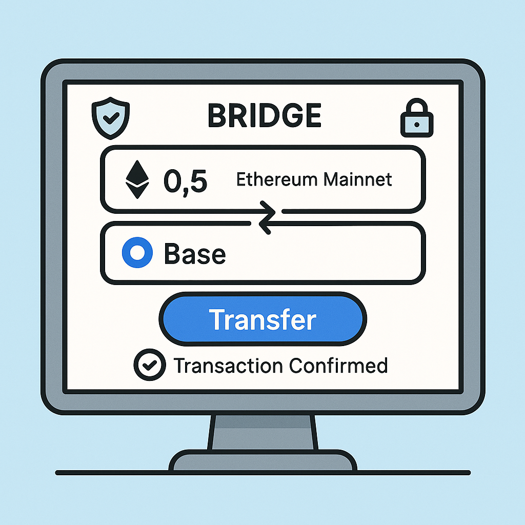 A computer screen showing a cryptocurrency bridge interface transferring ETH from Ethereum mainnet to Base network, with security icons and transaction confirmation.