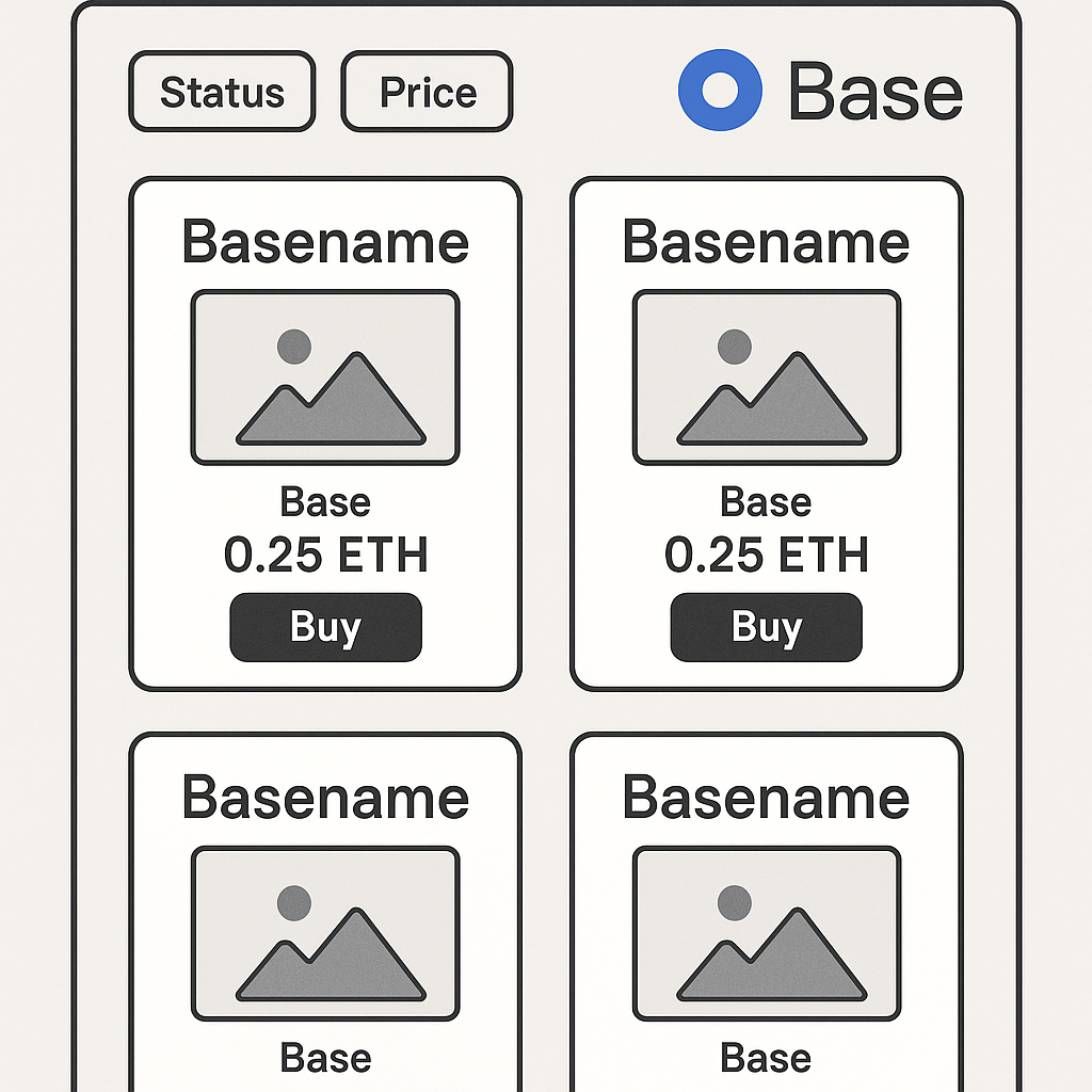 A digital marketplace interface displaying Basename NFTs for sale, with Base network logos and filter options visible.