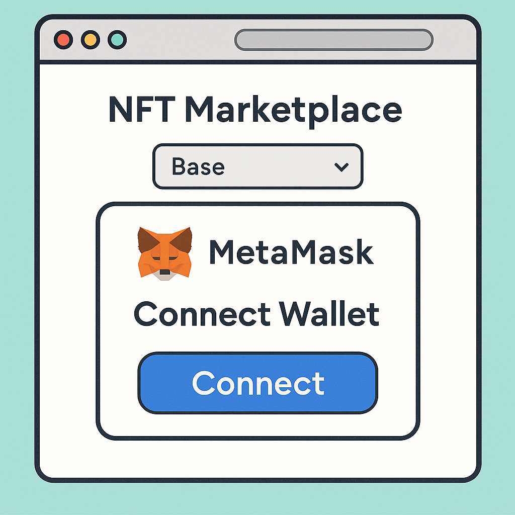 A browser window showing a MetaMask wallet connection prompt on an NFT marketplace, with the Base network selected.
