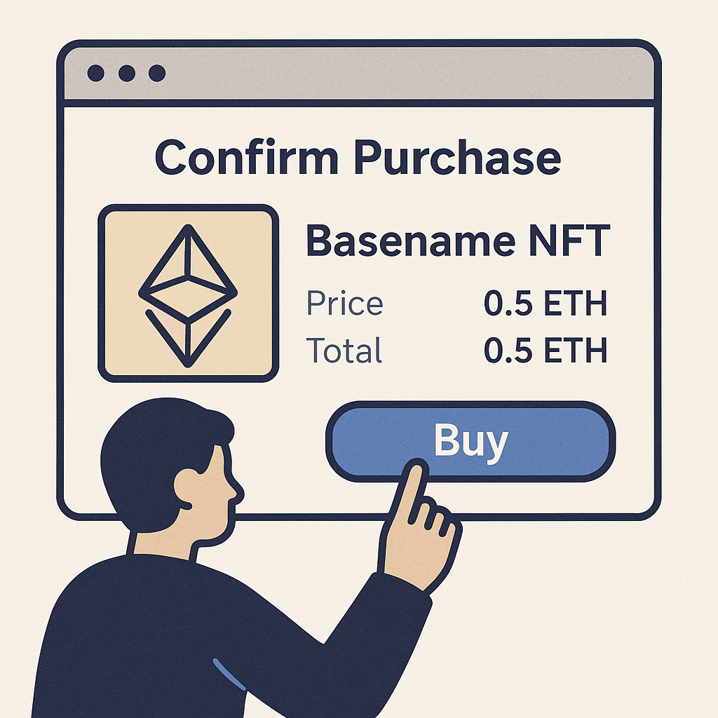 A user confirming the purchase of a Basename NFT on a marketplace, showing transaction details and a 'Buy' button.