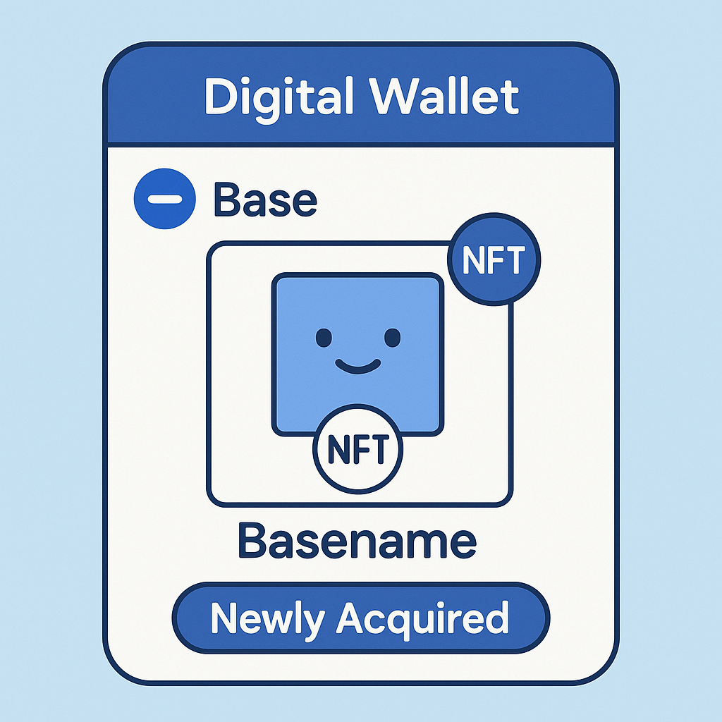 A digital wallet interface displaying the newly acquired Basename NFT, with Base network and NFT icons visible.