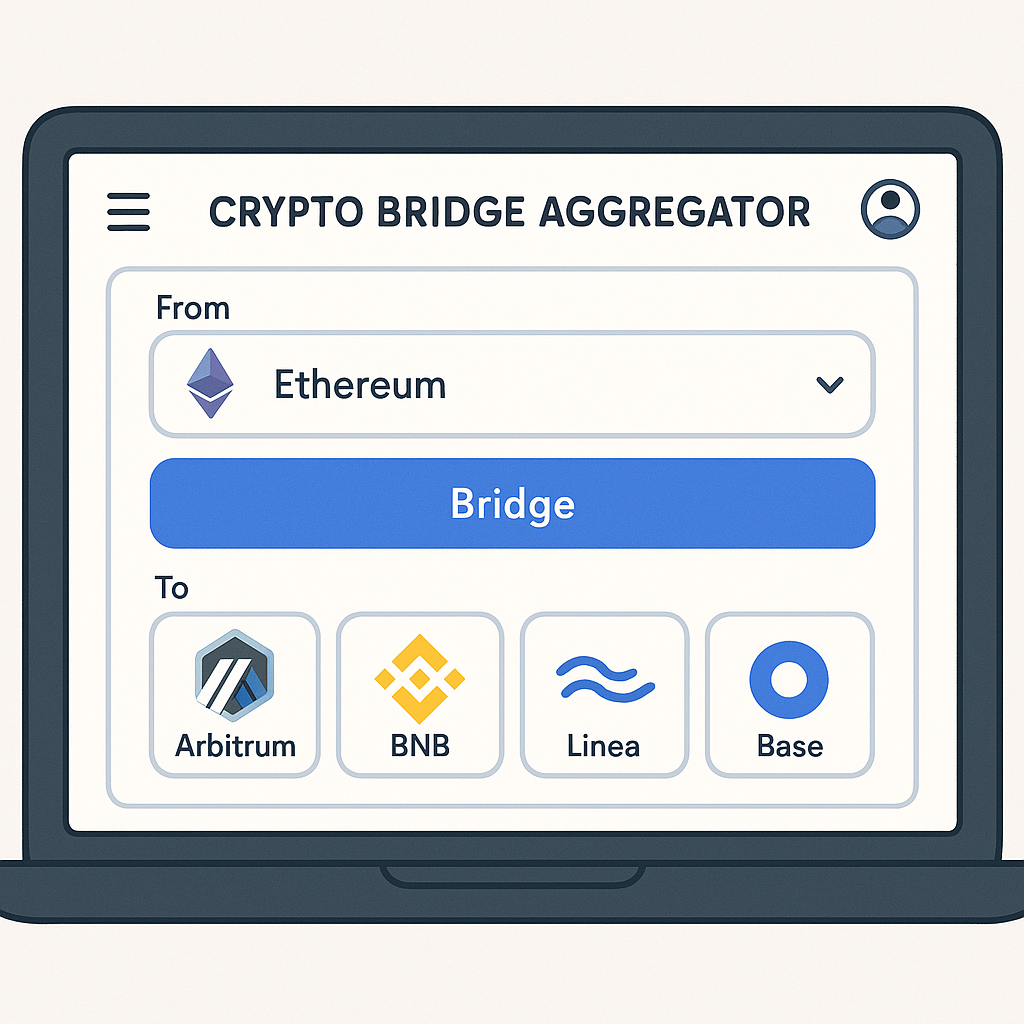A friendly user interface of a crypto bridge aggregator website on a laptop screen, showing network options like Arbitrum, BNB, Linea, and Base.