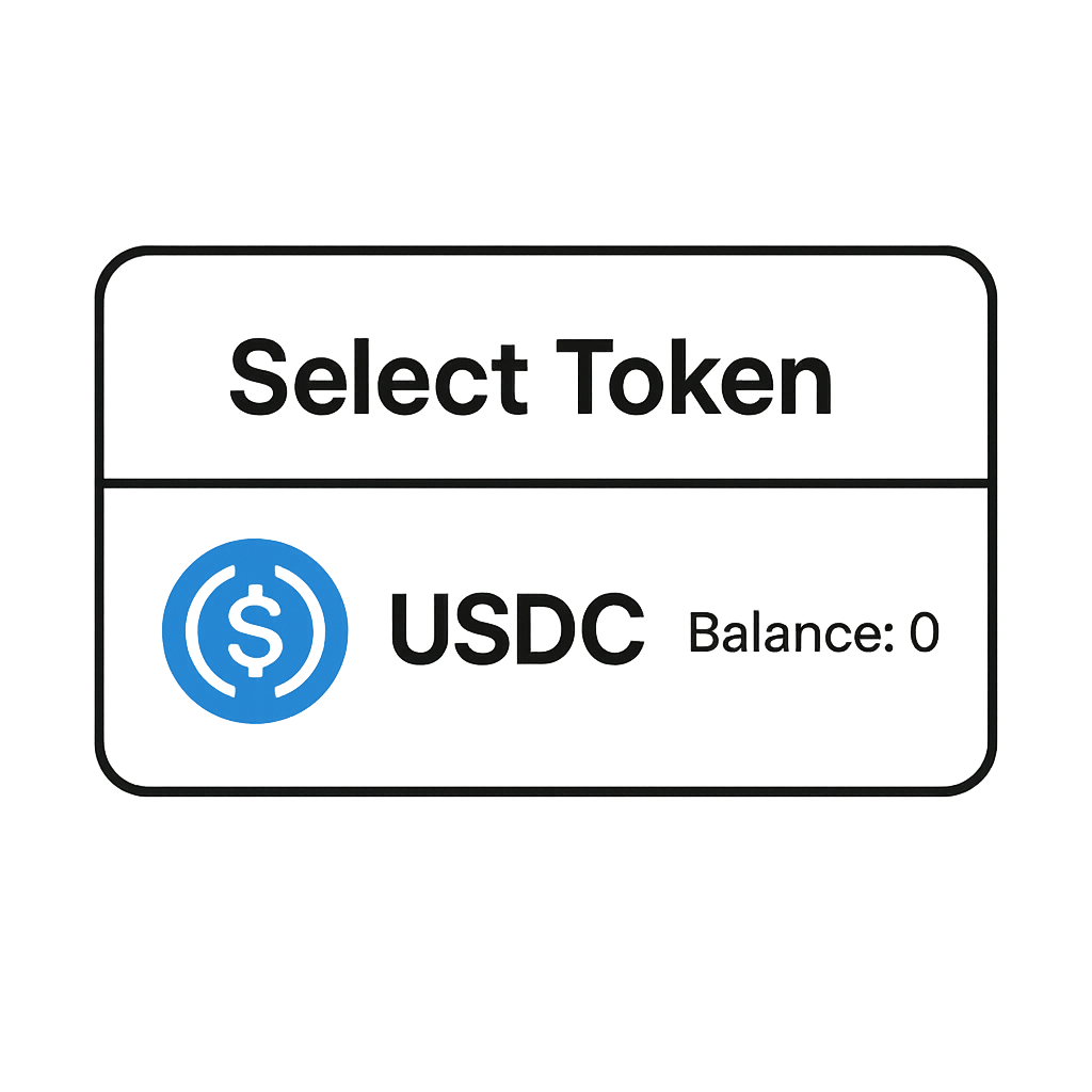 A token selection menu displaying USDC with its logo, and a balance shown next to it.