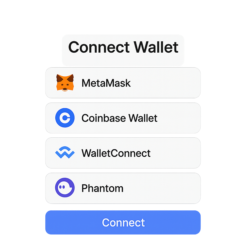 A digital wallet pop-up connecting to a dApp, with recognizable wallet icons and a 'Connect' button highlighted.