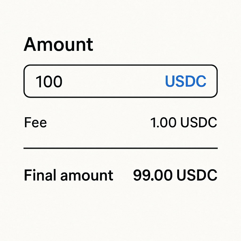 A form field where a user enters an amount of USDC, with fee breakdown and final amount displayed.
