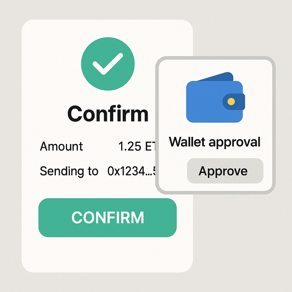 A confirmation screen summarizing the transaction, with a big 'Confirm' button and a wallet approval pop-up.