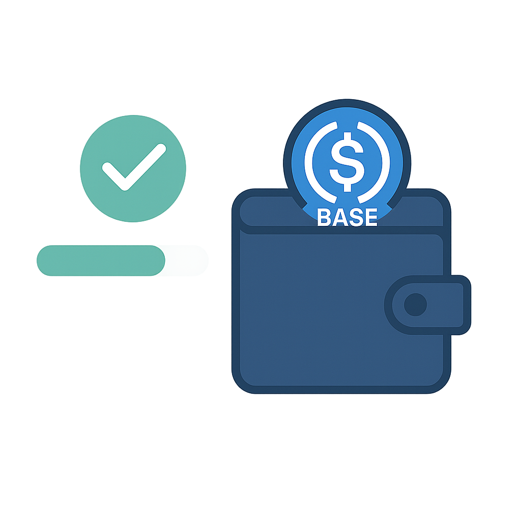A progress bar or spinning loader with a checkmark, and a wallet showing USDC on the Base network.