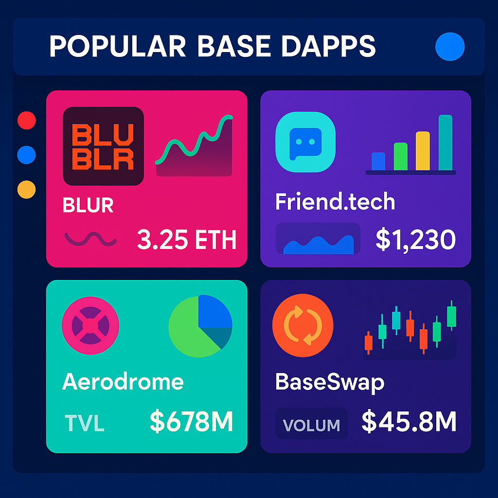Colorful dashboard displaying popular Base dapps in action with vibrant UI elements
