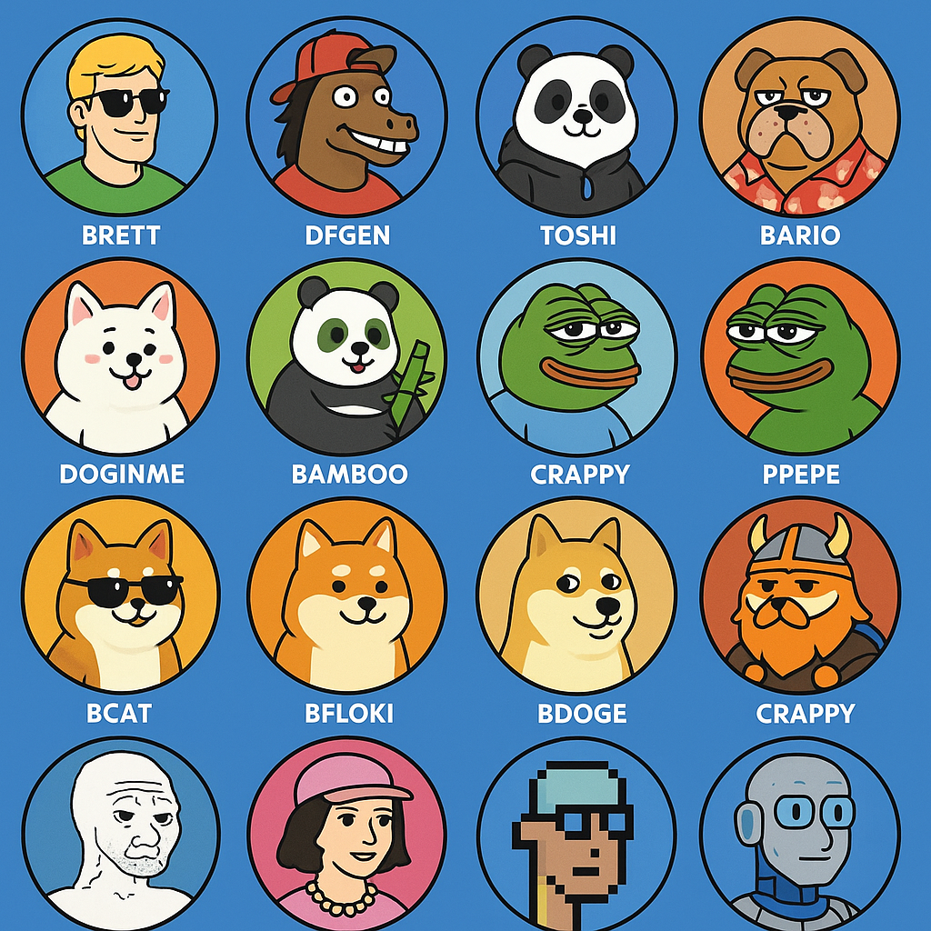 Collage of top Base chain meme coin mascots and logos including Brett, Degen, Toshi, Based Bario, Basenji, Doginme, Mochi, Bamboo on Base, Crappy Bird CTO, Universe Boss Coin, Base Pepe, Base Shiba Inu, Base Cat, Base Floki, Based Doge, Base Punks Meme, Based Pepe AI, Based Wojak, Base Milady Meme Coin, and Based Froggo.
