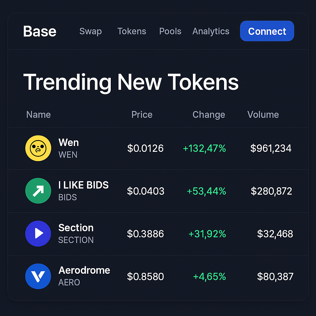 Screenshot of a Base chain DEX interface displaying trending new tokens and token lists