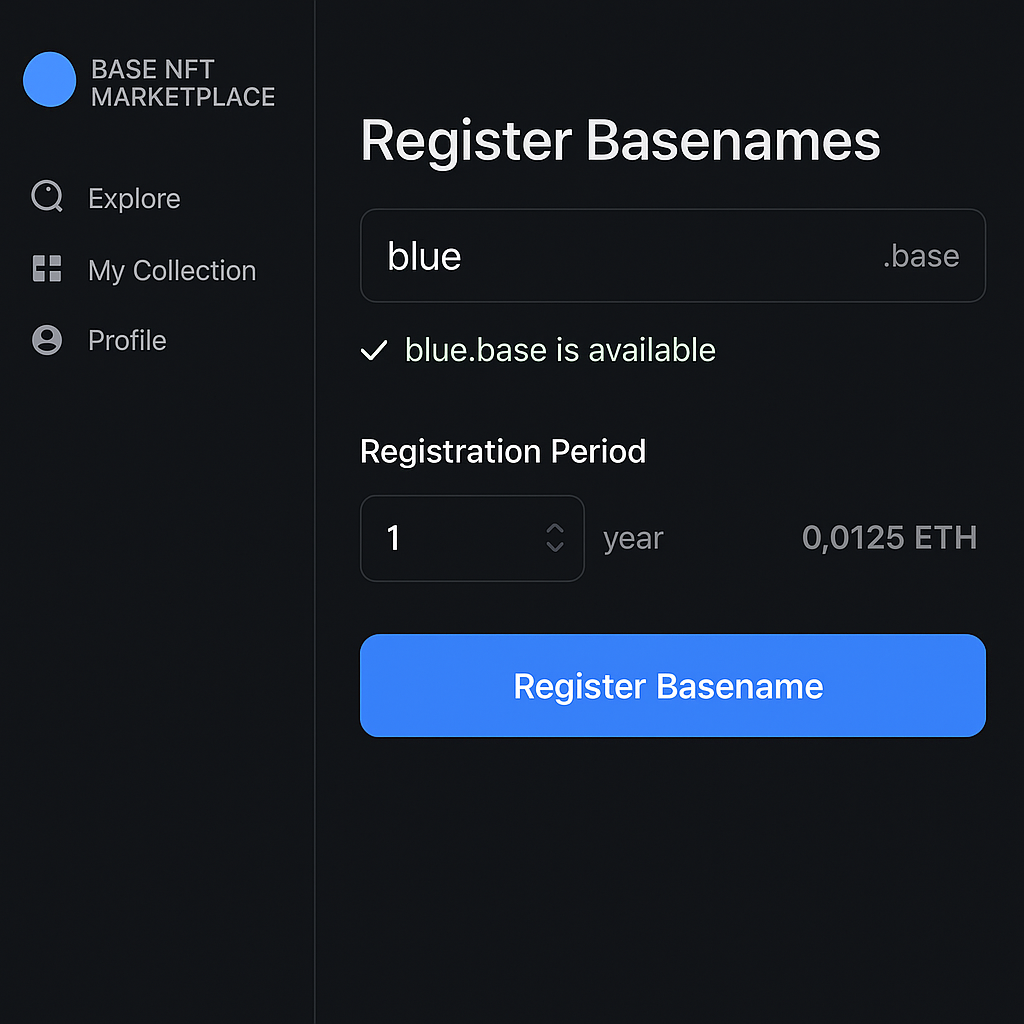 Screenshot of Basenames being registered on a Base NFT marketplace