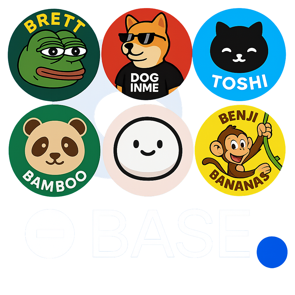Collage of Brett, Doginme, Toshi, Bamboo, Mochi, Benji Bananas, and Degen logos representing top trending Base chain memecoins in 2024