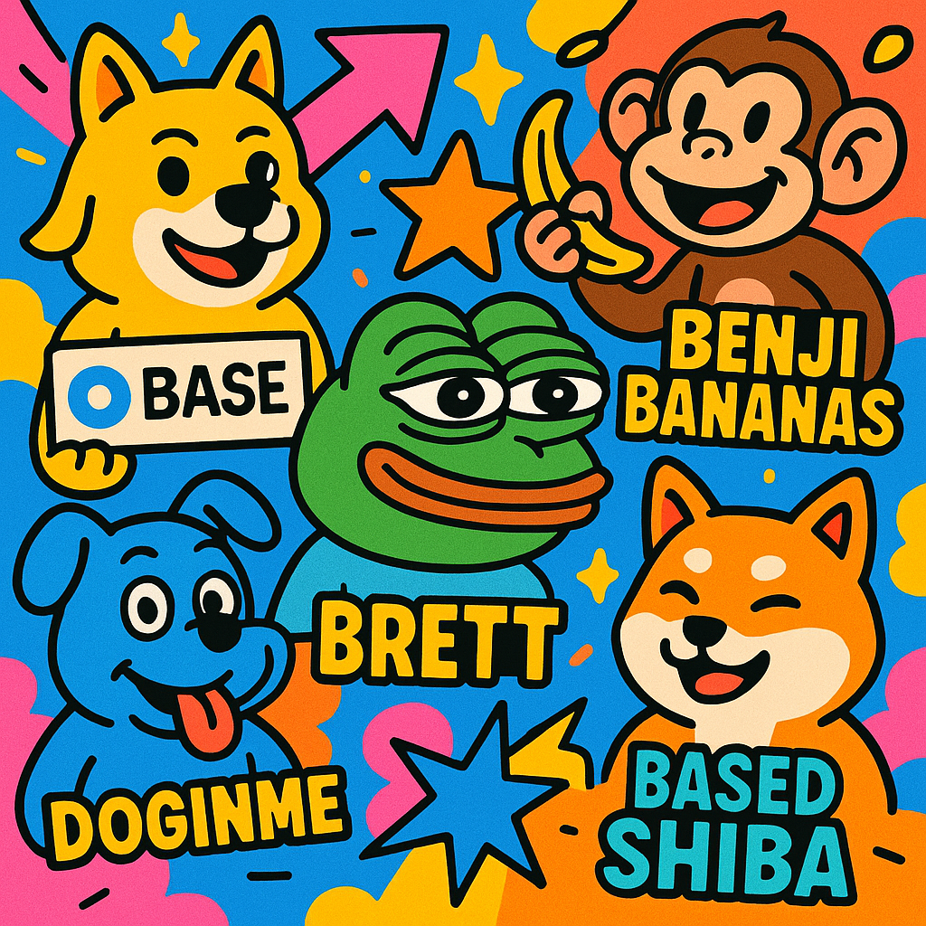 Colorful meme-inspired artwork featuring Brett, Toshi, Doginme, Based Shiba, and Benji Bananas tokens on Base chain