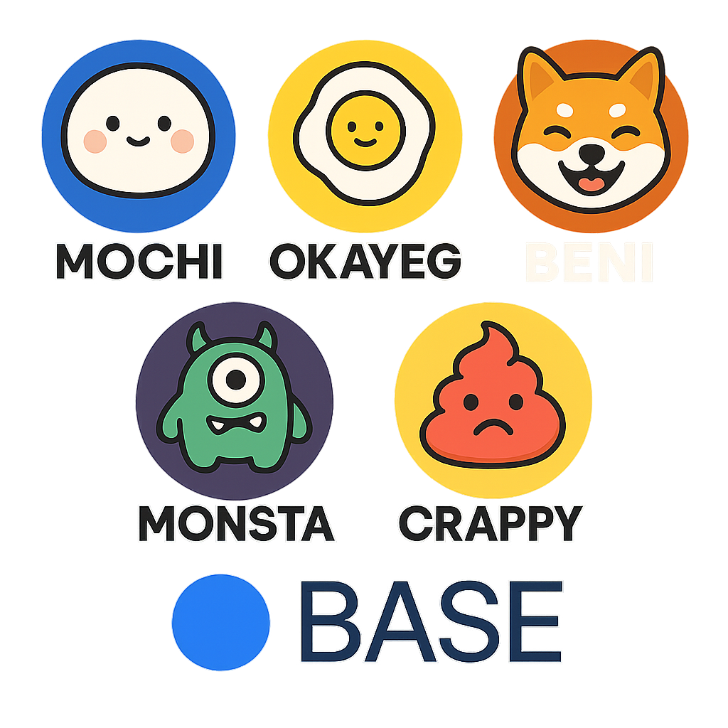 Collage of MOCHI, OKAYEG, BENI, MONSTA, and CRAPPY meme token logos on the Base chain for 2024