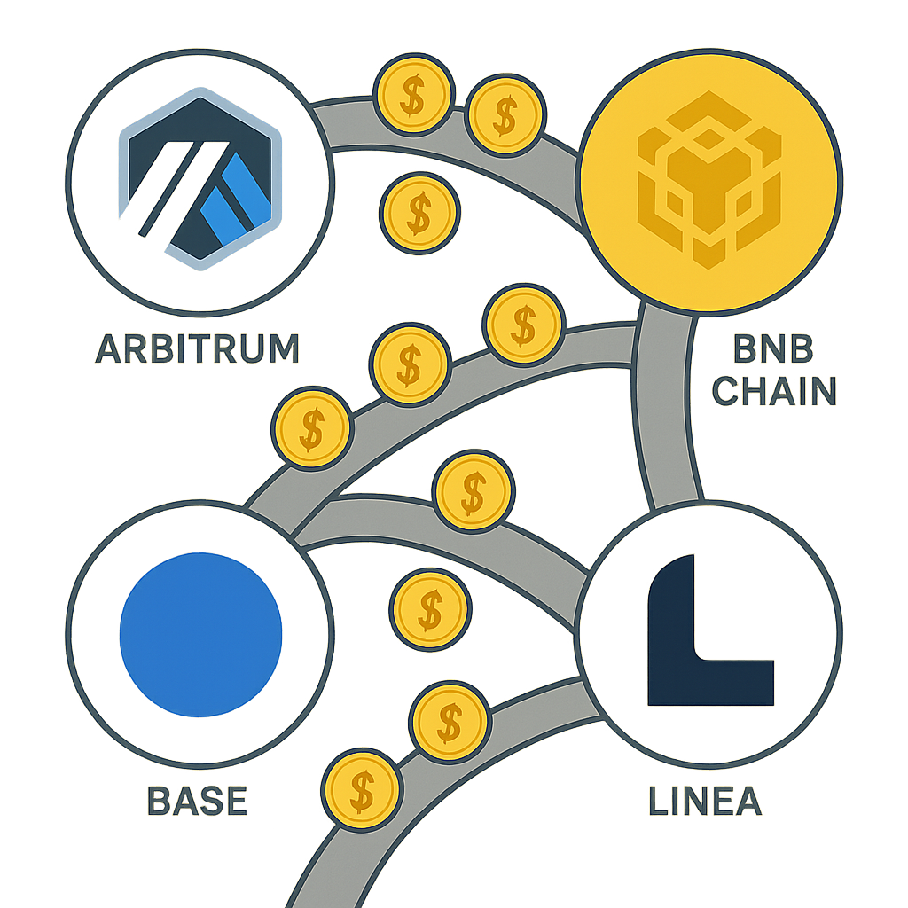 Illustration showing token bridging between Arbitrum, BNB Chain, Linea, and Base blockchains