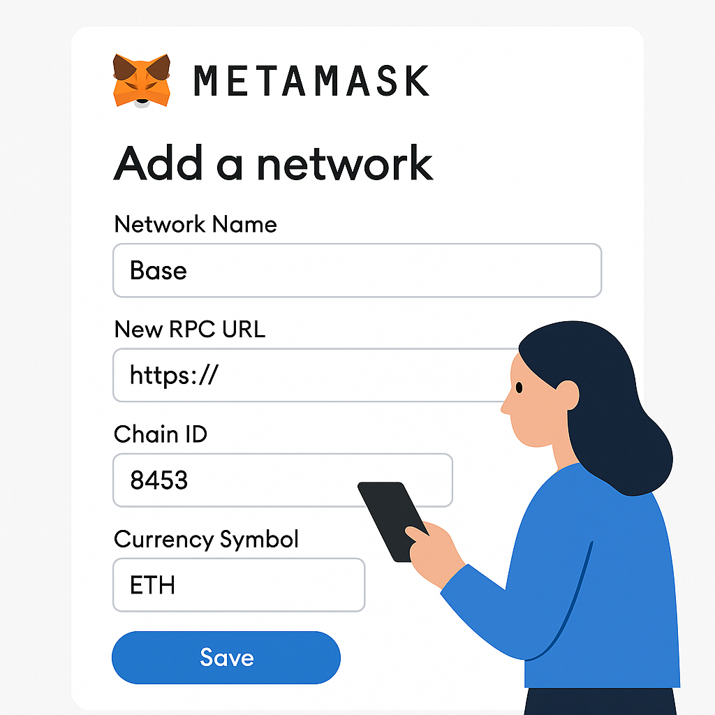 MetaMask wallet interface with Base network details being added, clear and simple UI