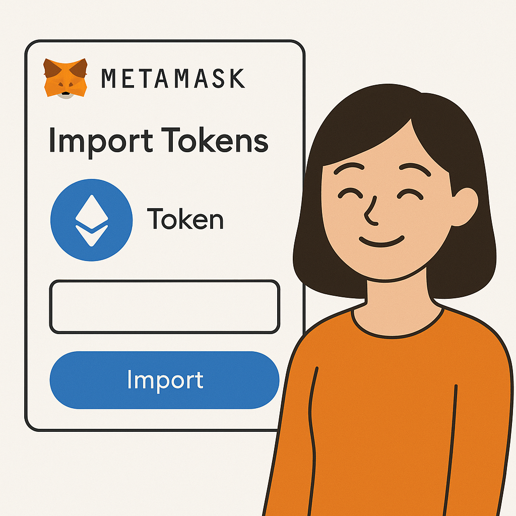 MetaMask wallet with 'Import Tokens' screen, token logo, user smiling