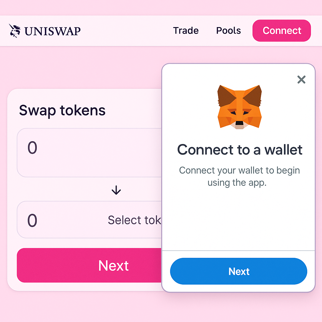 Uniswap or Aerodrome website with MetaMask connection popup, friendly interface
