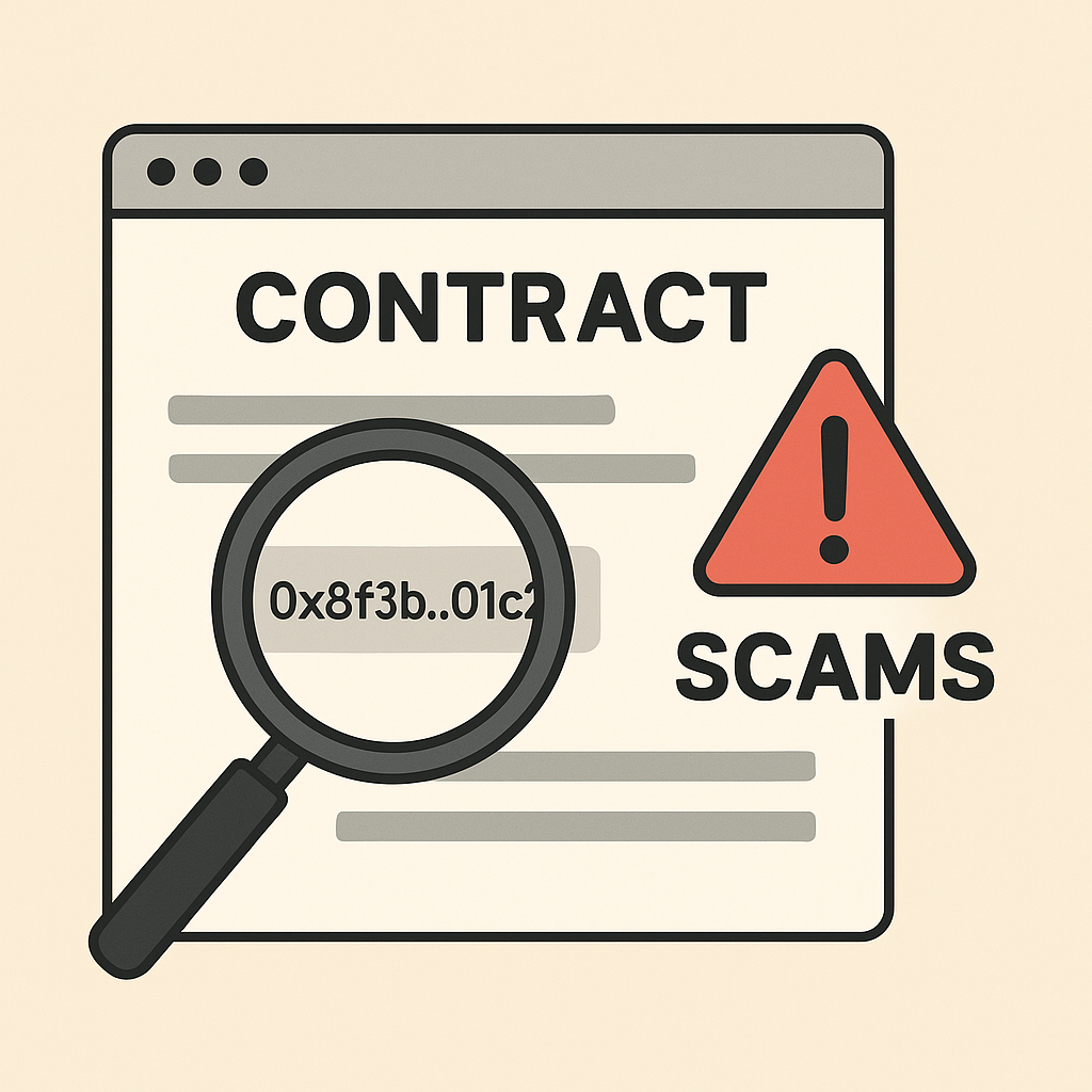 magnifying glass over a contract address on a website, warning sign for scams