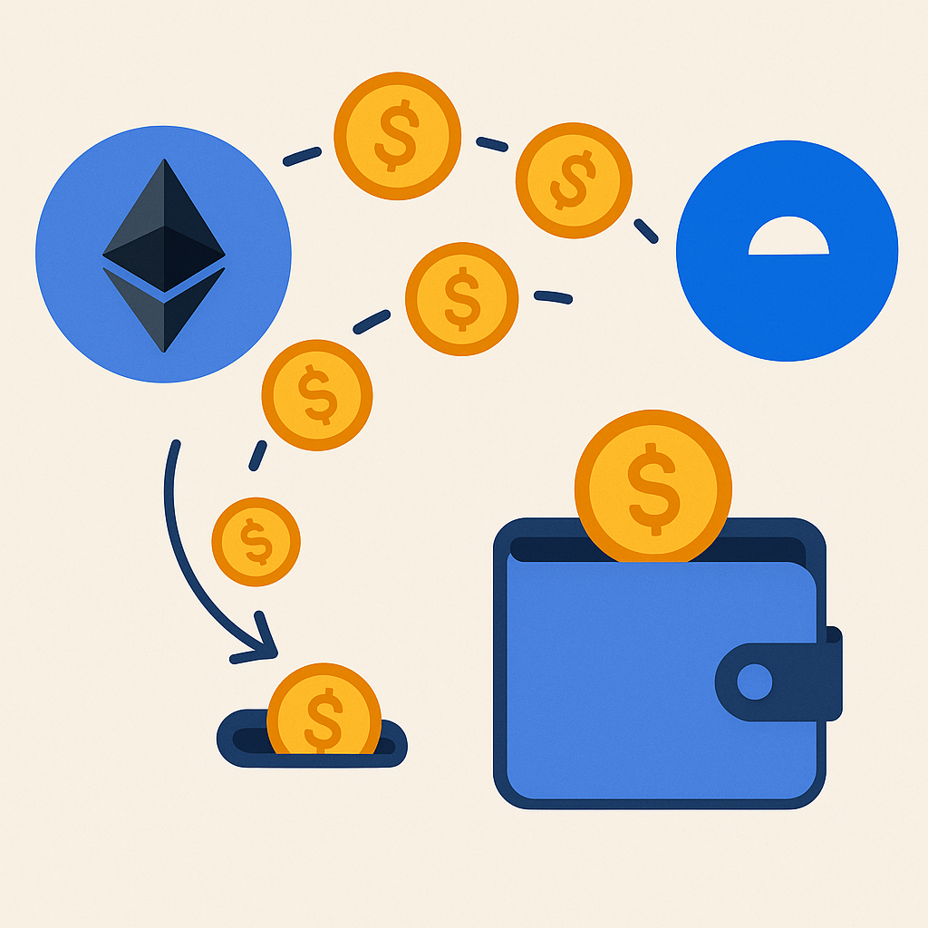 coins moving from Ethereum logo to Base logo, digital wallet receiving funds