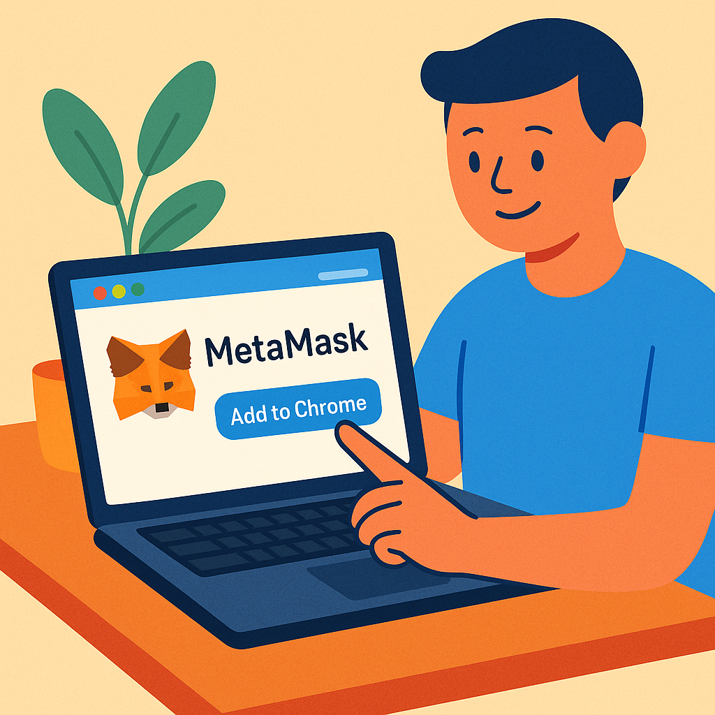 a person installing MetaMask extension on a laptop, bright colors, friendly atmosphere