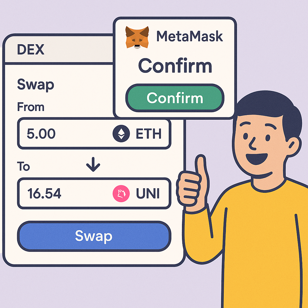 DEX interface showing token swap with MetaMask confirmation popup, happy user