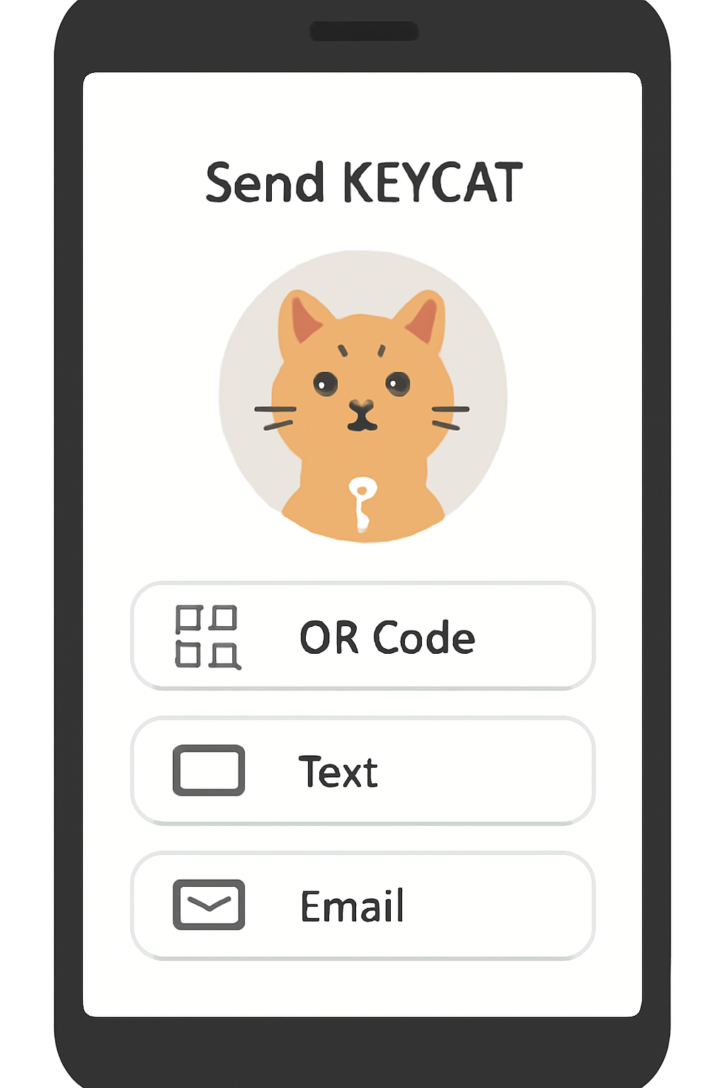 A phone screen showing the 'Send KEYCAT' interface, with options for QR code, text, and email, and a cat-themed token icon.