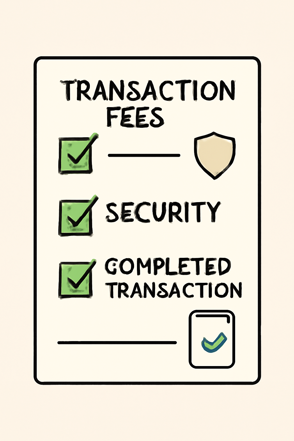 A checklist highlighting transaction fees, security (shield icon), and a completed transaction confirmation on a wallet app.