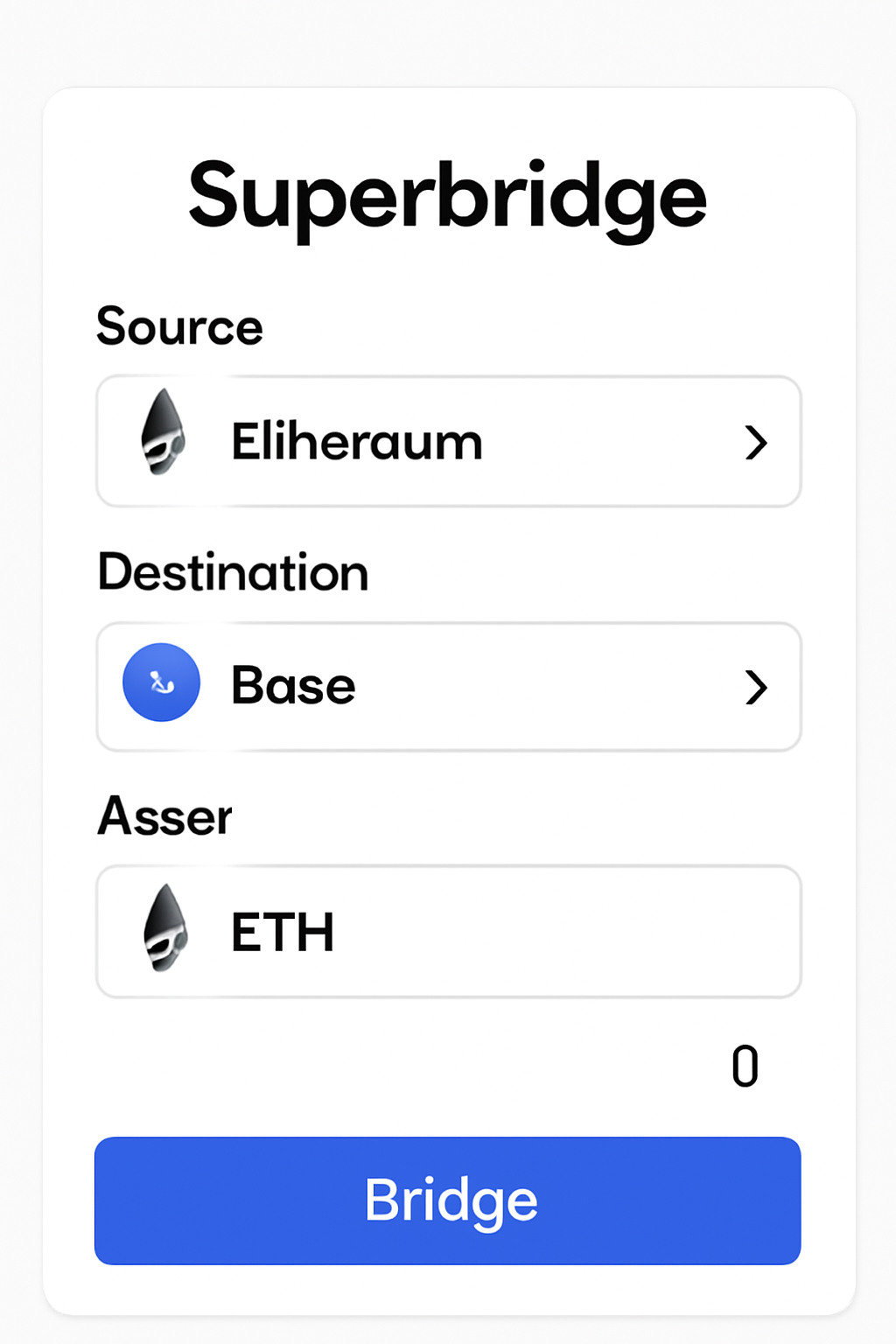 Superbridge interface showing Ethereum as the source, Base as the destination, ETH selected as the asset, and an amount being entered. Clear, user-friendly UI.
