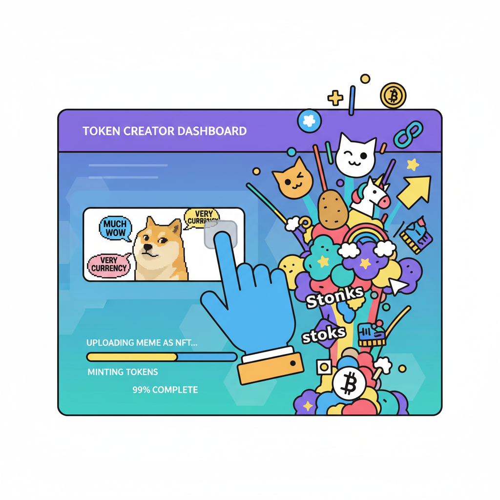 hand uploading hilarious doge meme image to token creator dashboard, colorful explosion of memes, web3 style