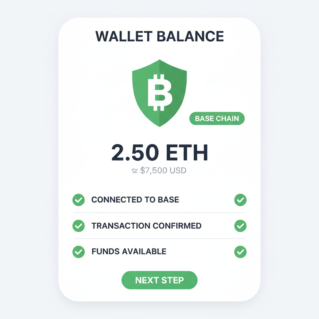Wallet balance screen showing ETH on Base chain, green checkmarks