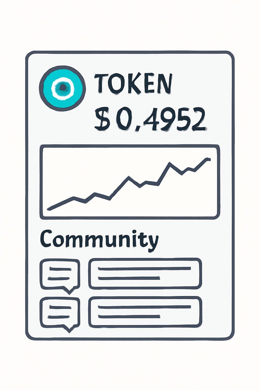 A digital interface highlighting a specific token card with price ($0.4952), chart, and community comments