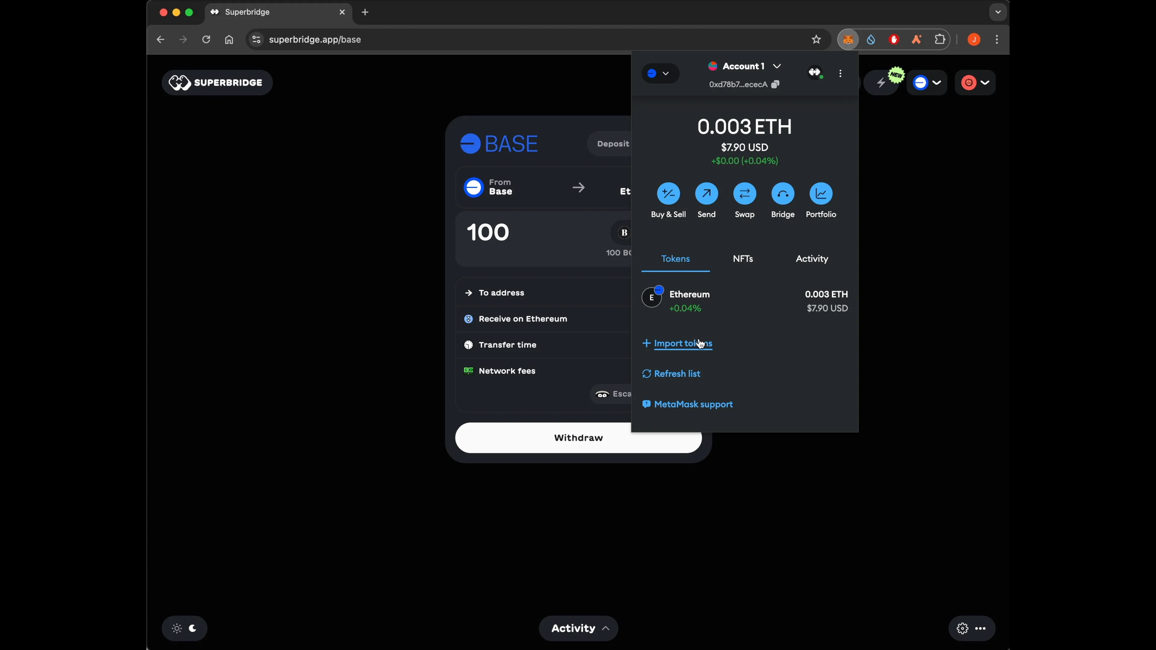 Screenshot of the Base Bridge interface showing ETH being bridged from Ethereum to Base network