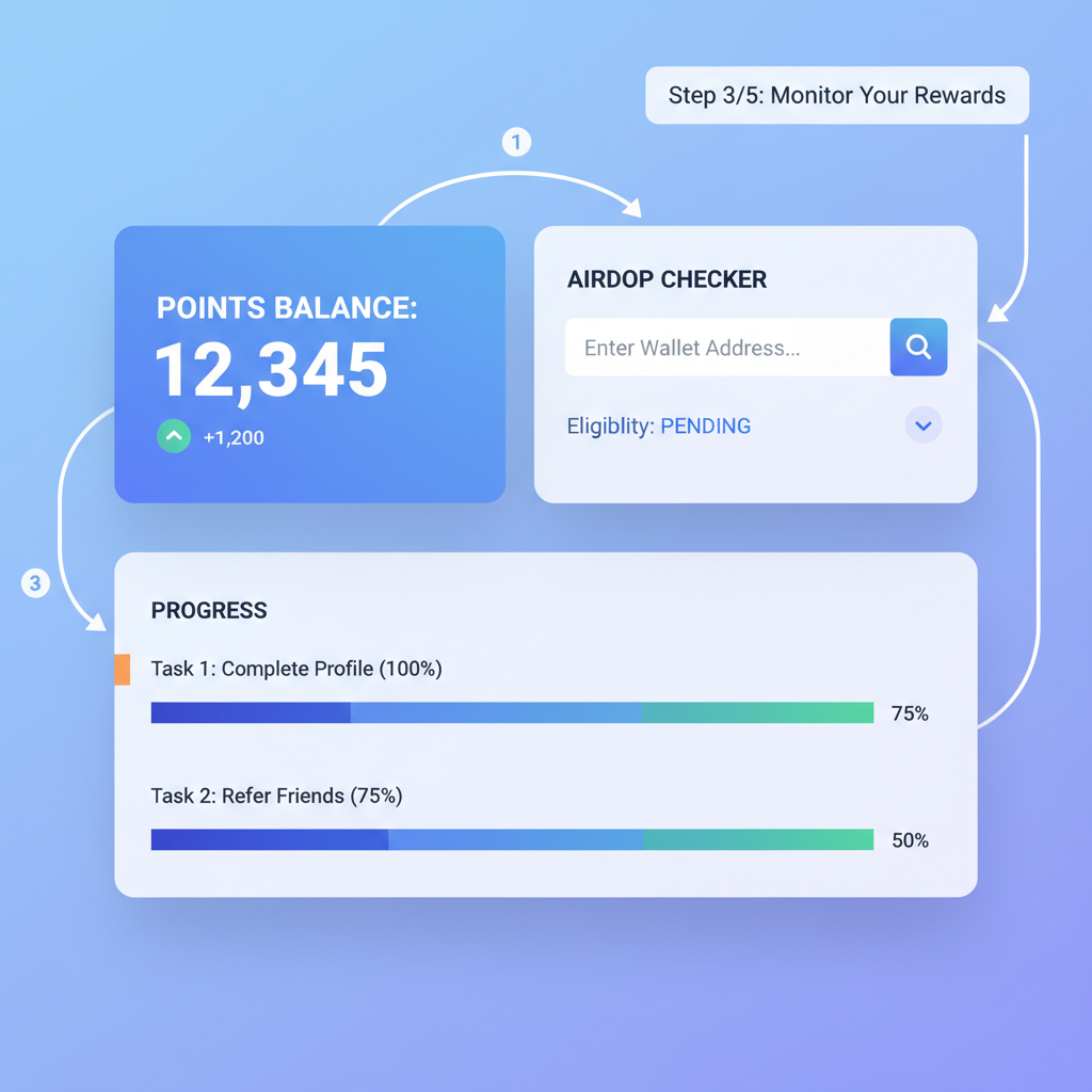 dashboard showing points balance, airdrop checker tool, charts of progress, professional UI