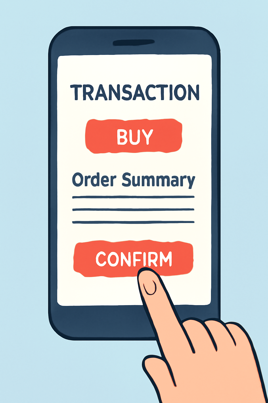 A smartphone screen displaying a transaction confirmation page with 'Buy' button and order summary, user about to tap confirm.