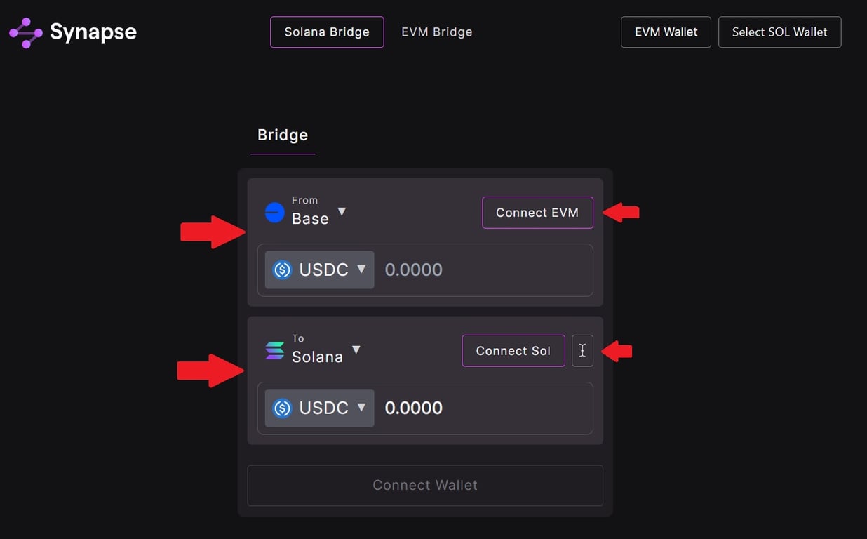 Illustration of MetaMask (Base) and Phantom (Solana) wallets connected to a cross-chain bridge interface for asset transfer