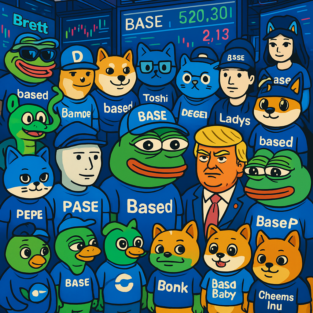 Colorful collage of Base chain memecoin mascots like Brett, Based Doge, Degen, Toshi, and others in a lively futuristic crypto trading pit, representing the top 25 trending Base memecoins for 2025.