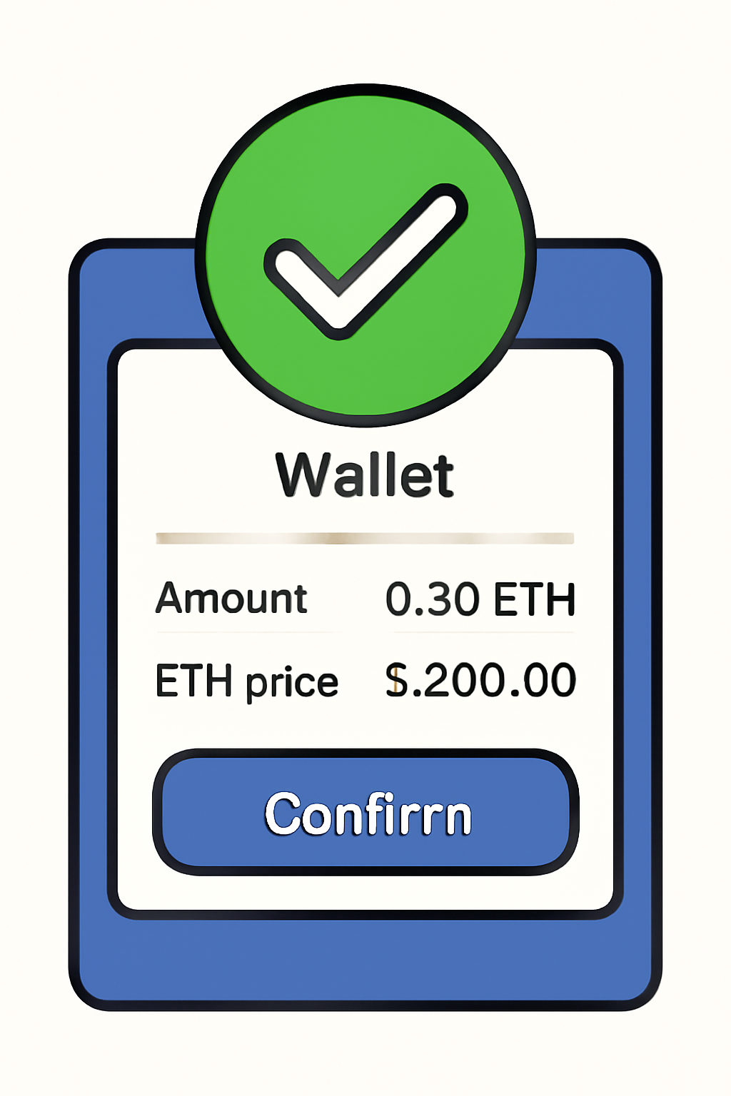 A wallet confirmation screen showing transaction details, ETH price, and a 'Confirm' button, with a checkmark overlay, in a precise style.