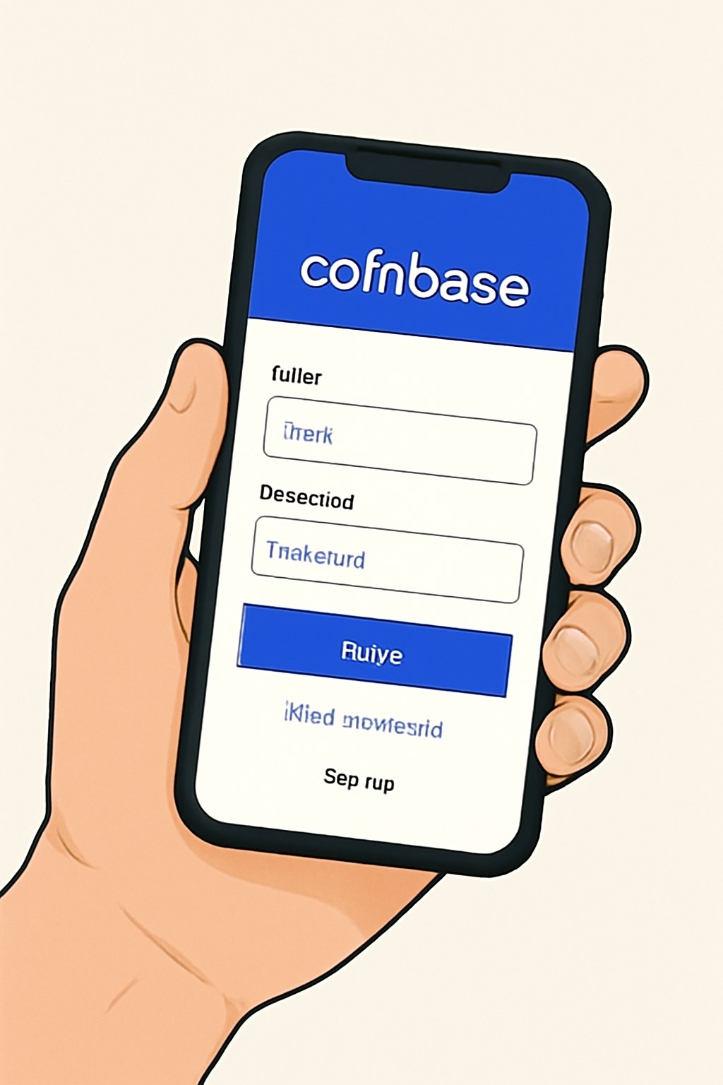 A hand holding a smartphone with the Coinbase app open on the login screen, modern interface, clear branding, soft lighting.