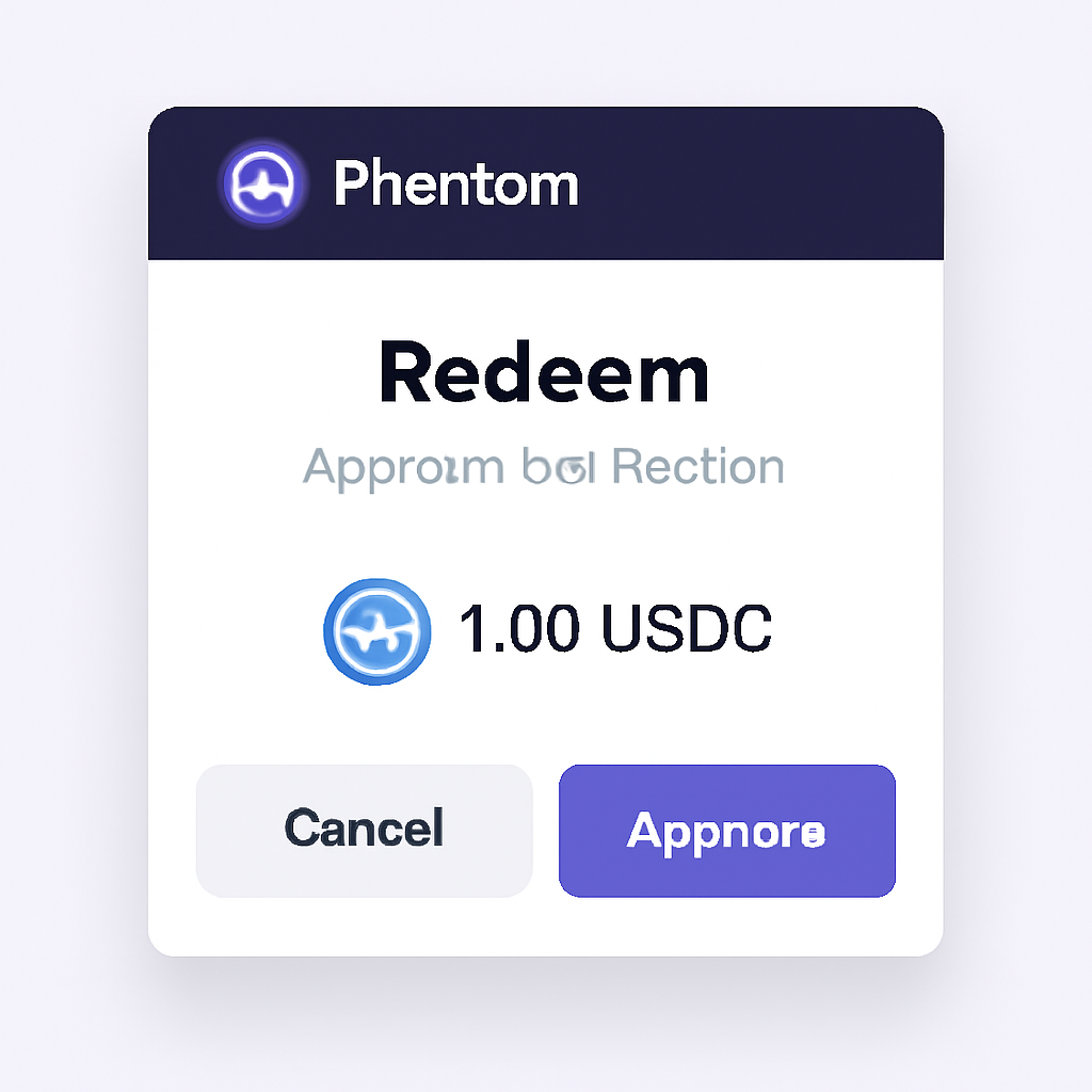 Phantom wallet popup showing a 'Redeem' transaction approval for USDC on Solana.