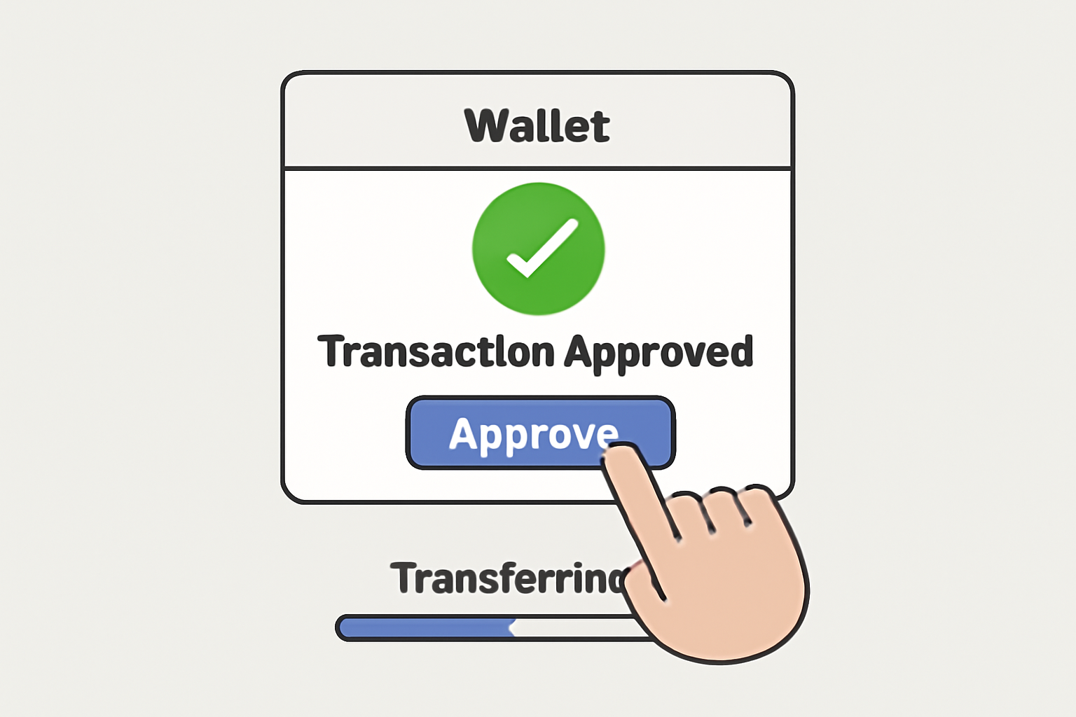 Wallet pop-up showing transaction approval, user clicking 'Approve', and a progress bar indicating transfer initiation.