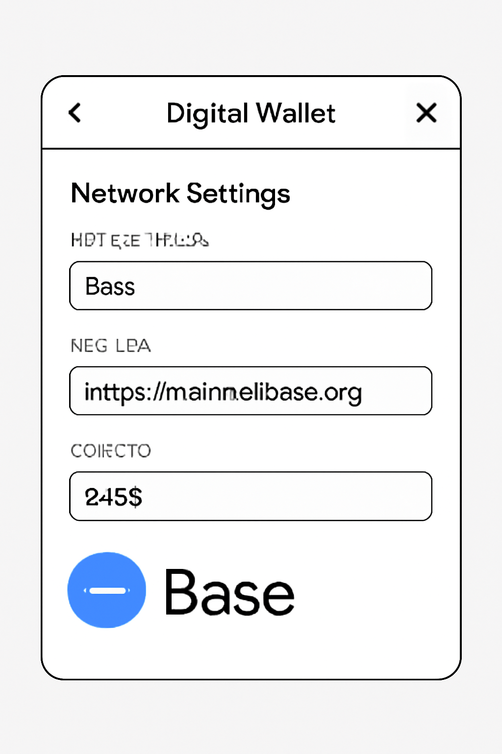 A digital wallet interface showing network settings, with the Base network details being entered, and the Base logo visible.