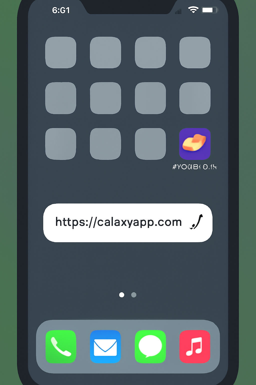A mobile phone home screen with a new Calaxy World app icon, and a shareable link displayed