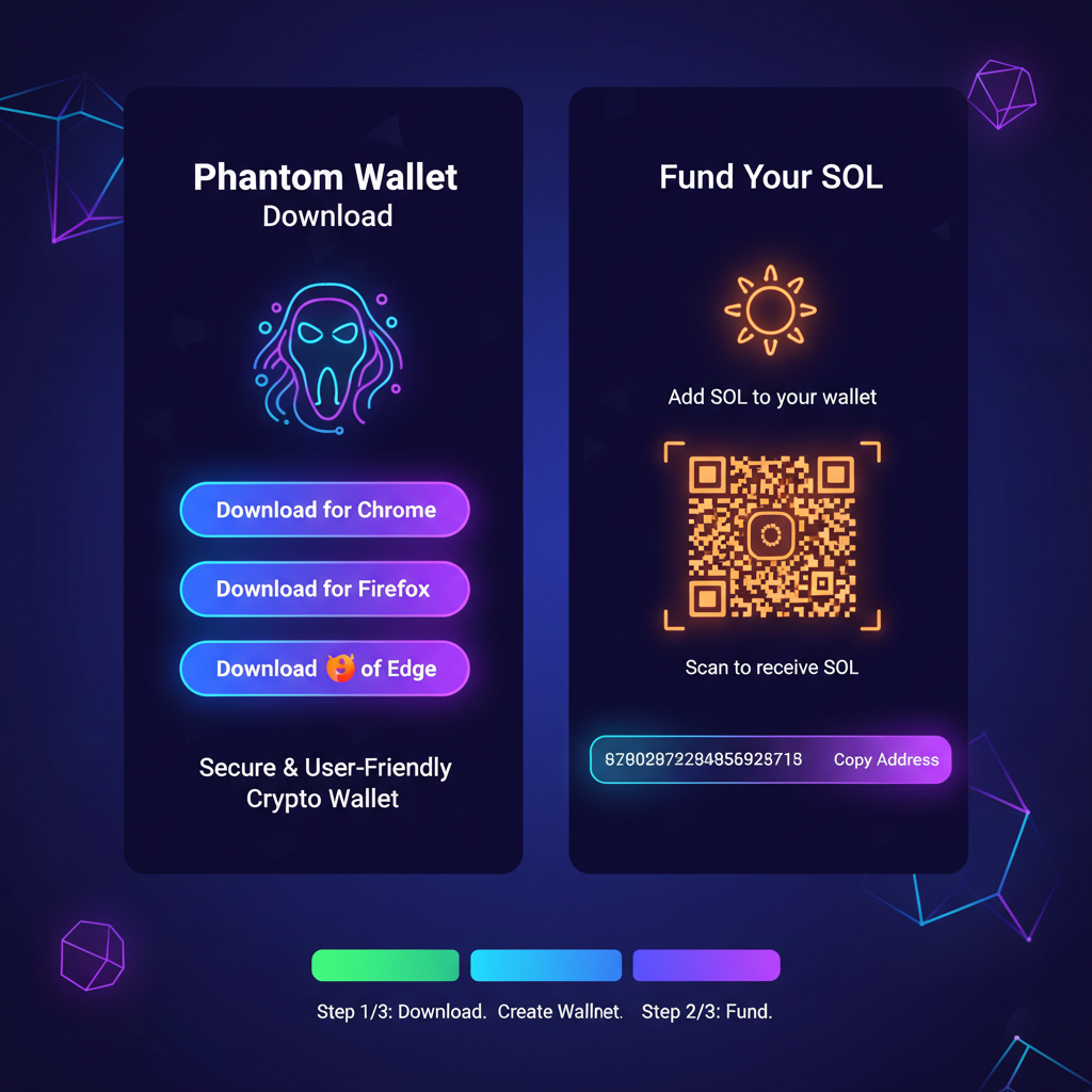 vibrant screenshot of Phantom wallet download and SOL funding screen, crypto neon style
